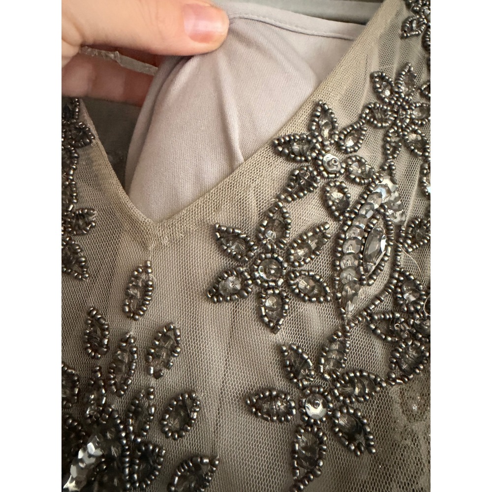 Adrianna Papell Beaded Mesh Gown NWT Silver Taupe Cap Sleeve Maxi Dress 4 - Picture 3 of 9